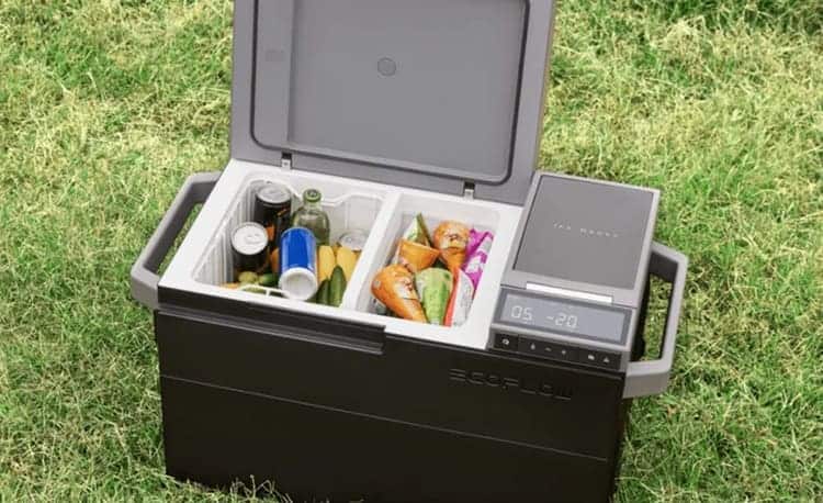 EcoFlow glacier portable refrigerator placed on grass