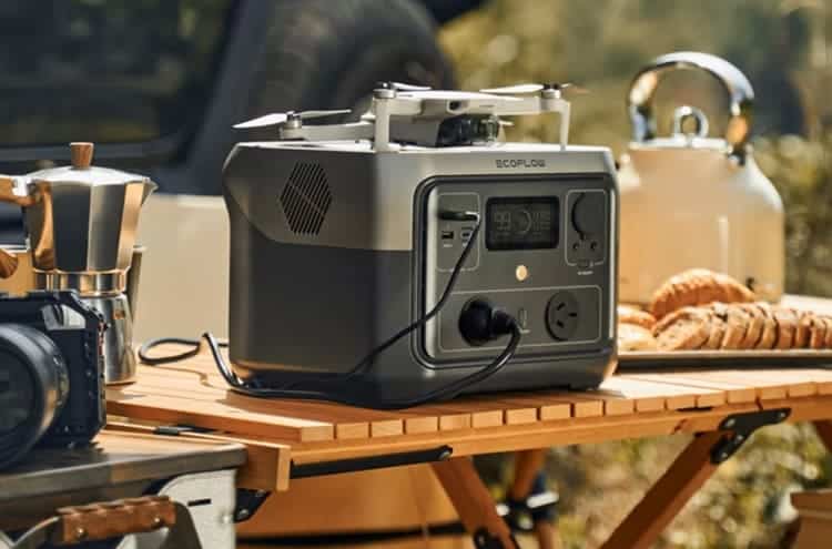 EcoFlow portable power station on a wooden camping table