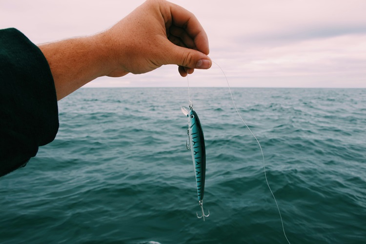 A hand holding a fishing lure over the ocean