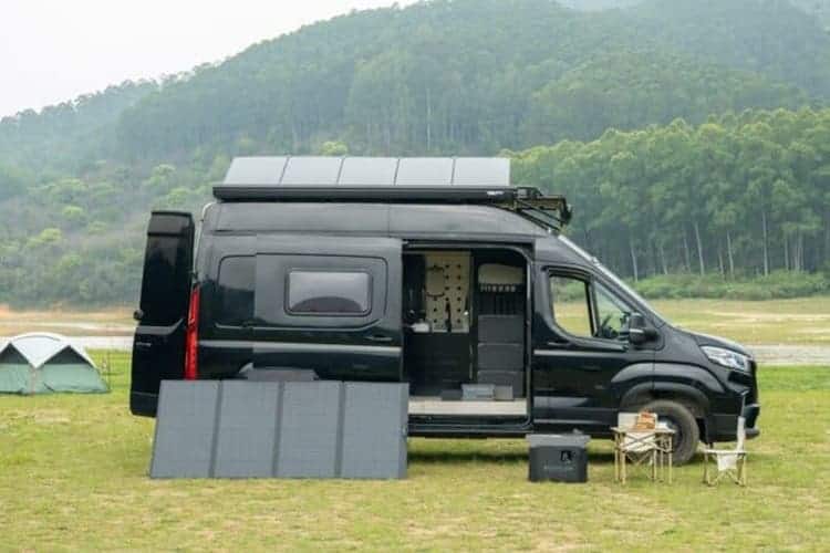 Camper van set up with solar panels