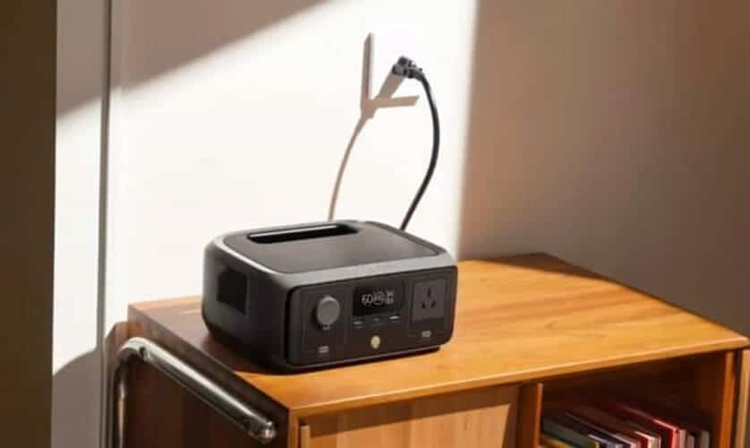 Portable power station charging on a wooden shelf