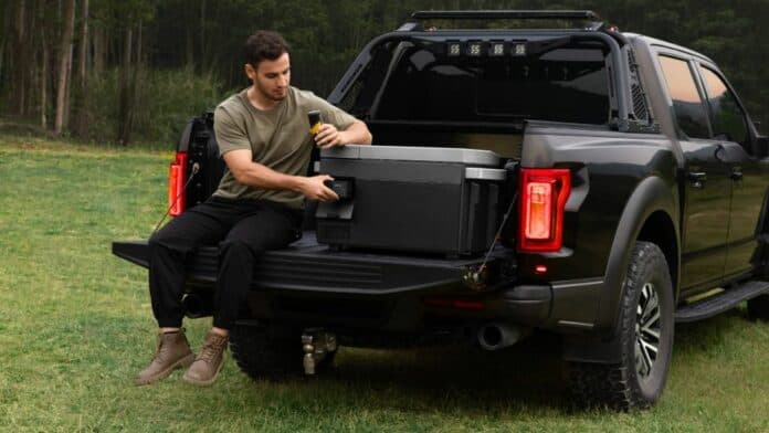 Man sitting at back of car with mini fridge