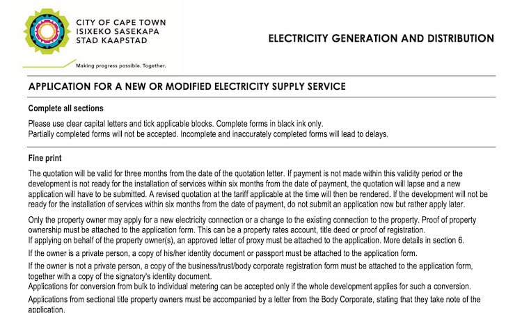 Electricity supply application form